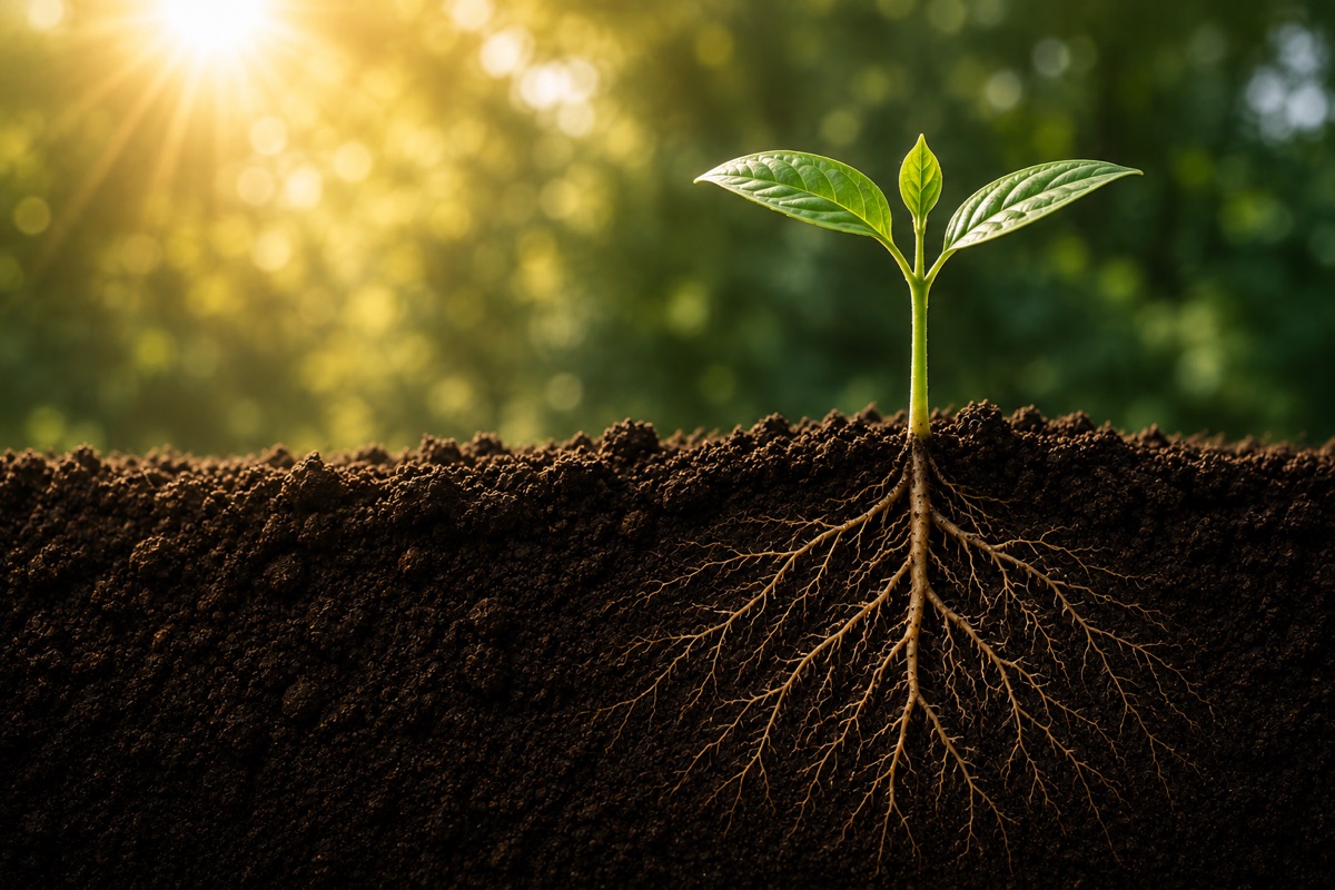 Seedling growing from rich soil
